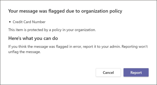 organization 데이터 손실 방지 정책에 의해 메시지 플래그가 지정된 이유를 설명하는 대화 상자