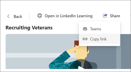 "공유" 옵션에서 "링크 복사" 버튼을 강조 표시하는 Viva Learning의 스크린샷.