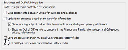 Exchange 및 Outlook 통합 옵션에서 메신저 대화 저장을 선택 합니다.