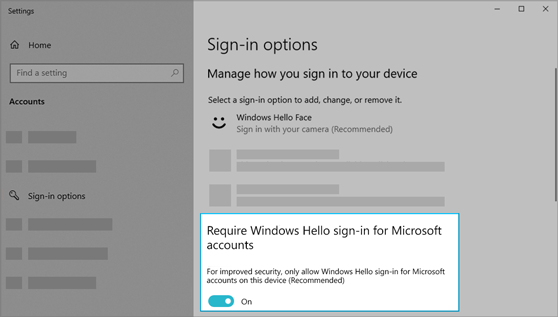 Windows 설정의 Microsoft 계정에 Windows Hello 로그인 필요 옵션이 켜져 있습니다