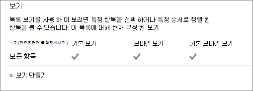 목록 설정의 목록 보기 섹션