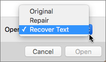 열기 > 텍스트 복구를 클릭 한 다음 손상 된 문서를 열어 복구를 시도 합니다.