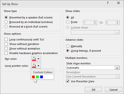 PowerPoint에서 레이저 포인터 옵션 표시