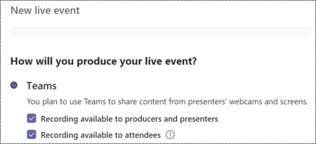 이벤트를 예약할 때 Teams 라이브 이벤트에 대한 기록 옵션을 선택하는 대화 상자입니다.