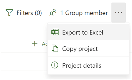 Excel로 내보내기 옵션을 보여주는 웹용 Project의 메뉴 스크린샷