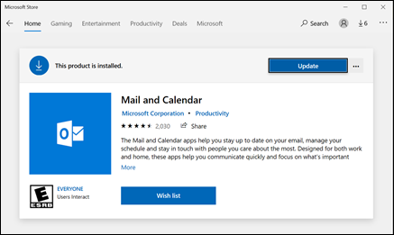 Microsoft App Store를 통해 메일 및 일정 앱을 업데이트 합니다.