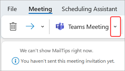 Teams 모임 드롭다운 메뉴에서 모임 예약을 선택합니다.