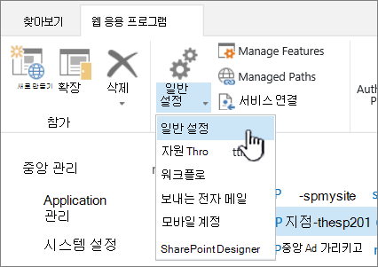 일반 설정이 선택된 리본 메뉴의 관리 섹션