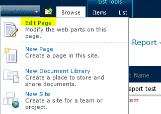사이트 작업 메뉴에 있는 페이지 편집 명령