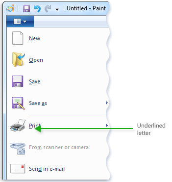 메뉴 명령에 밑줄이 그어진 문자를 보여주는 페인트 메뉴 그림
