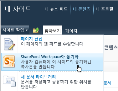사이트 작업 메뉴의 SharePoint Workspace와 동기화 명령