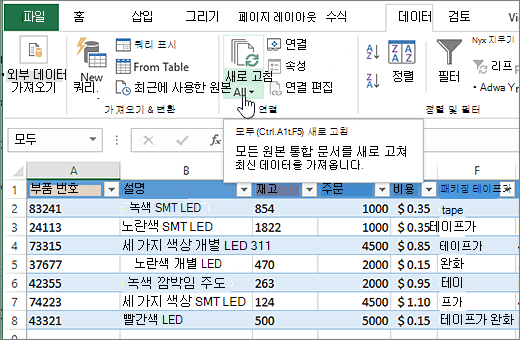 가져온 목록과 모두 새로 고침 단추가 강조 표시된 Excel 스프레드시트