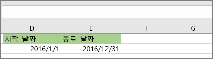 D53 셀의 시작 날짜는 1/1/2016입니다. E53 셀의 종료 날짜는 12/31/2016입니다.