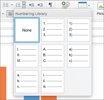 Mac용 Outlook의 번호 매기기 라이브러리에서 사용 가능한 번호 매기기 스타일 옵션입니다.