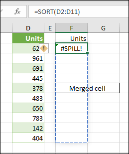 Excel의 #SPILL! error - 병합된 셀로 분산
