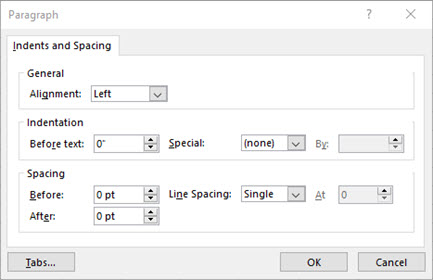 텍스트 상자 텍스트 삽입 및 간격 편집을 위한 단락 대화 상자 이미지