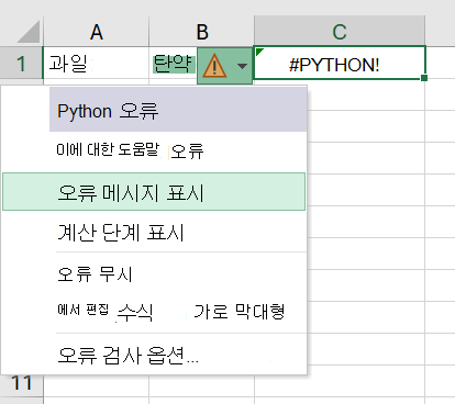 Excel의 Python 셀에서 오류가 발생하며 오류 메뉴가 열립니다.
