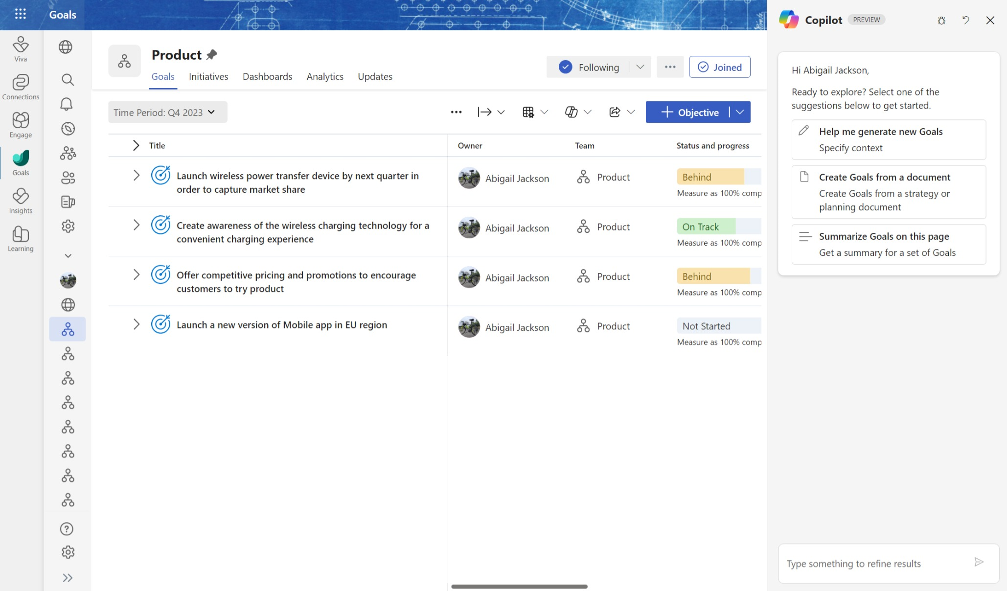 오른쪽에서 제안된 Copilot 동작을 볼 수 있는 제품 팀의 OKR 보기를 보여 주는 스크린샷