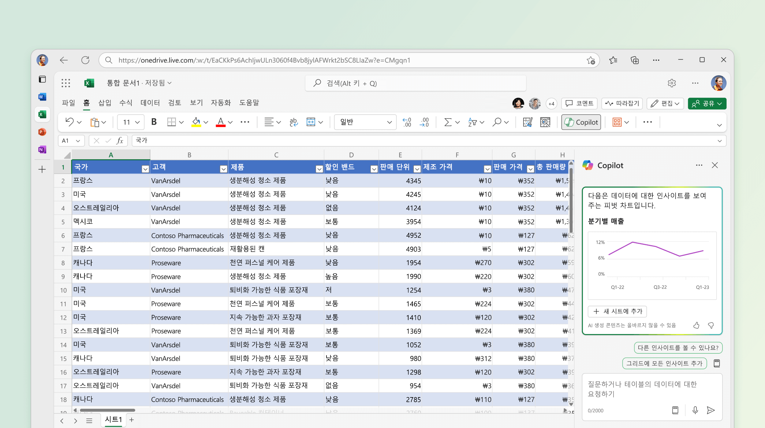 스크린샷은 Excel의 Copilot가 기존 데이터의 인사이트를 식별하는 것을 보여줍니다.