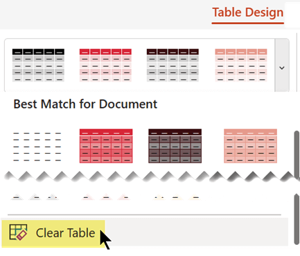 지우기 테이블 명령을 사용하여 테이블 스타일을 제거합니다.