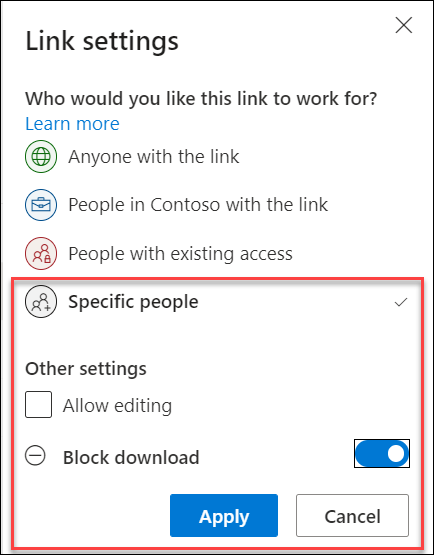 링크 설정의 OneDrive 블록 다운로드 옵션
