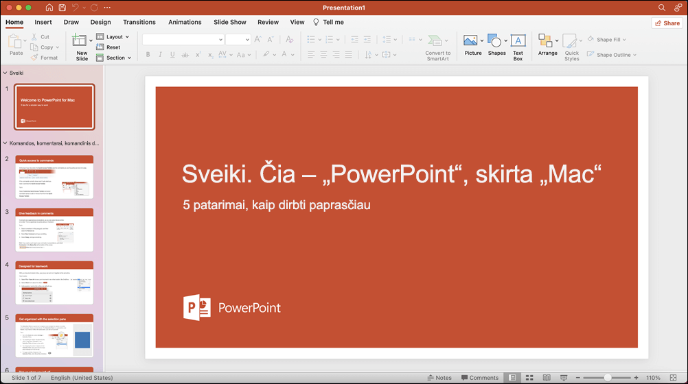 PowerPoint 2021 for Mac" langas su atidarytu "Take a Tour" šablonu