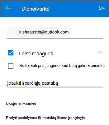 Ekrano nuotrauka, kaip pakviesti žmones bendrinti failą iš ""OneDrive"", skirtame "Android"