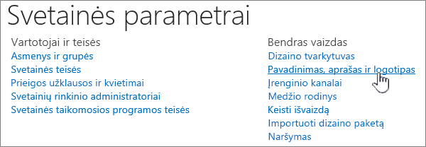 Svetainės parametrai su pasirinktu pavadinimu, aprašu, logotipu