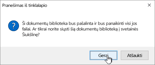 Patvirtinimo dialogo langas naikinant biblioteką