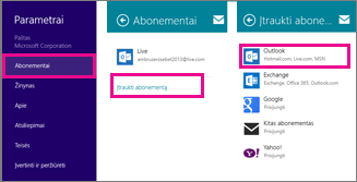 „Windows 8“ pašto programėlės meniu puslapiai: Parametrai > Abonementai > Įtraukti abonementą