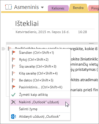 Ekrano kopija, kurioje rodoma, kaip panaikinti „Outlook“ užduotį programoje „OneNote 2016“