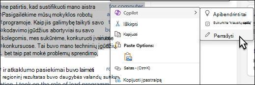 Koks nors pažymėtas tekstas „OneNote“. Rodomas kontekstinis meniu, kai pasirinkta „Copilot“, o antriniame meniu pasirinkta „Perrašyti tai“.