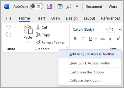 Image of drop-down to Customize Quick Access Toolbar to add commands