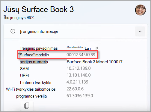 "Surface" įrenginio serijos numerio radimas "Surface" programėlėje.