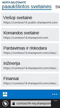 Paaukštintos svetainės „SharePoint Online“ mobiliajame įrenginyje