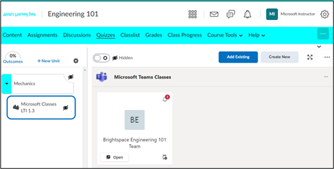 D2L "Brightspace" kurso, kuriame pažymėta "Microsoft Classes" funkcija, ekrano nuotrauka.