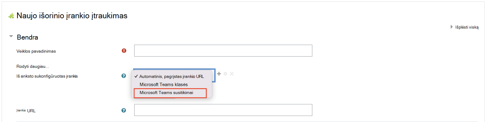 Screenshot of Moodle, selecting "Teams meetings" from the preconfigured tool dropdown.