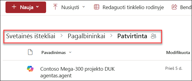 aplanko struktūros, kur įrašyti patvirtintą „Copilot“ agentą, ekrano kopija