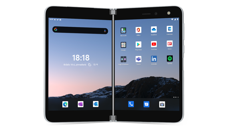 "Surface Duo" atidarytas su pagrindiniu ekranu
