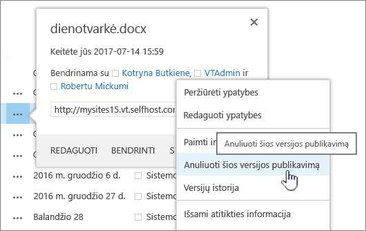 Spustelėkite anuliuoti šios versijos publikavimą