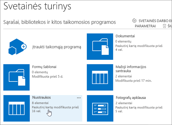 Svetainės turinio puslapis su pasirinktu sąrašu