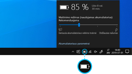 Akumuliatoriaus įkrova „Windows 10“ užduočių juostoje.