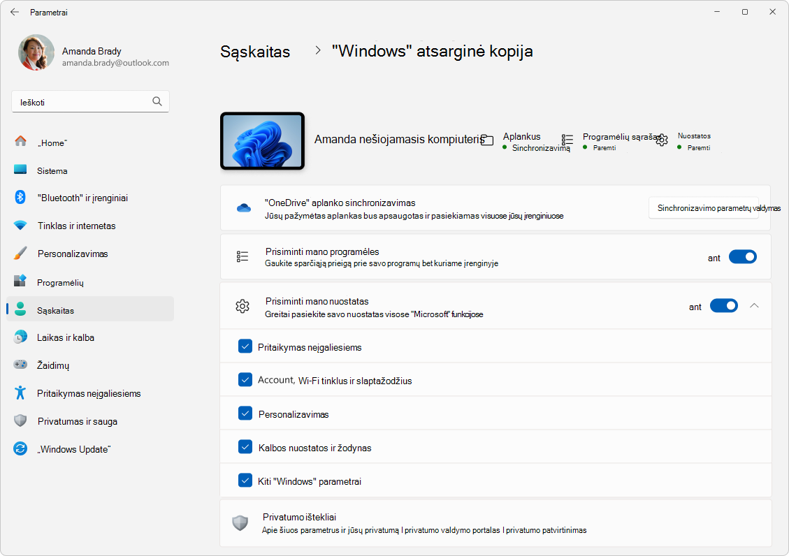 Parametrų > paskyrų > "Windows" atsarginės kopijos programoje "Windows 11" ekrano nuotrauka.