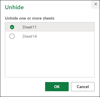 Select tab to unhide in internetinė "Excel"