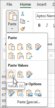 Paste values button in options gallery