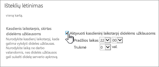 Centrinio administravimo taikomosios programos parametrų puslapis su pažymėtu langu Kasdienis laikas.