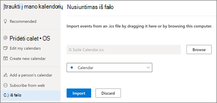 Kalendoriaus nusiuntimas internetinė "Outlook"