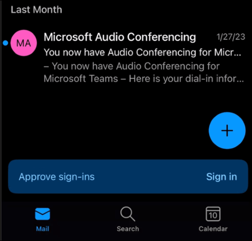 "Outlook Mobile" aplankas Gauta, kurio ekrano apačioje rodoma reklaminė juosta su mygtuku "prisijungti".