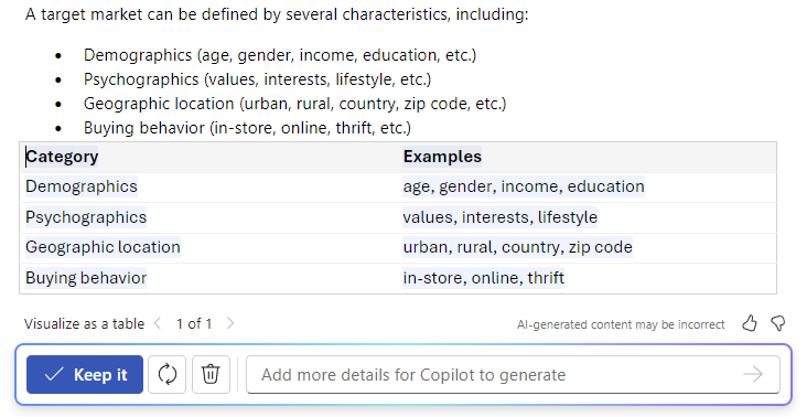 „Copilot“ programoje „Word“ ekrano kopija, kurioje rodomas teksto į lentelę galimybės