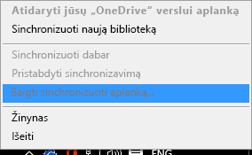 Komandos Stabdyti aplanko sinchronizavimą, kai dešiniuoju pelės mygtuku spustelėjamas „OneDrive“ verslui sinchronizavimo klientas, ekrano nuotrauka